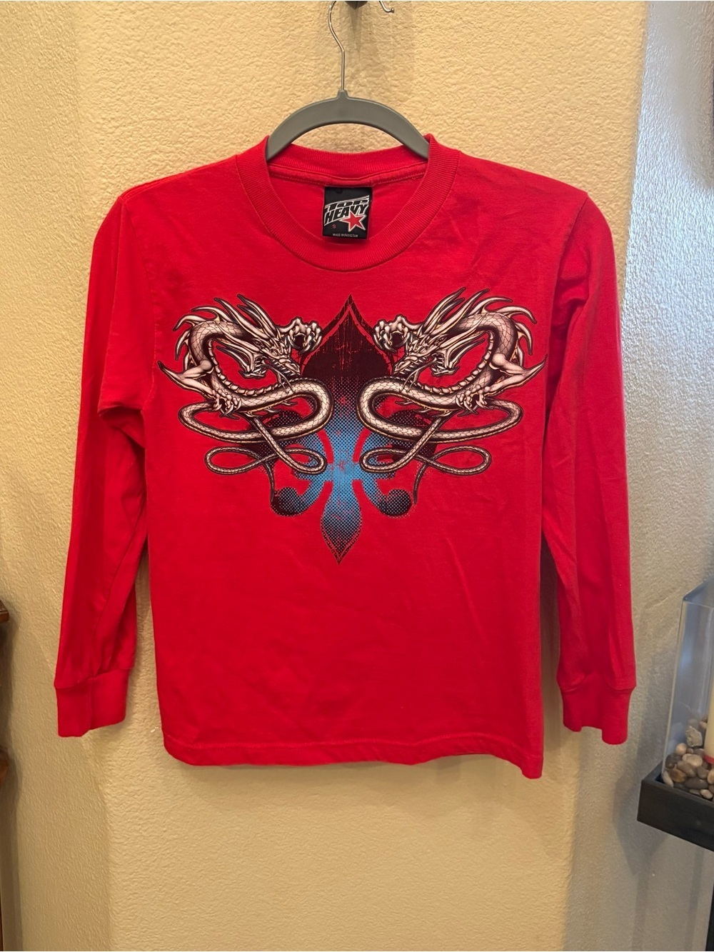 Vintage TOP HEAVY Kids Red Dragon Graphic Long Sleeve Y2K Top Size Small (8/10)